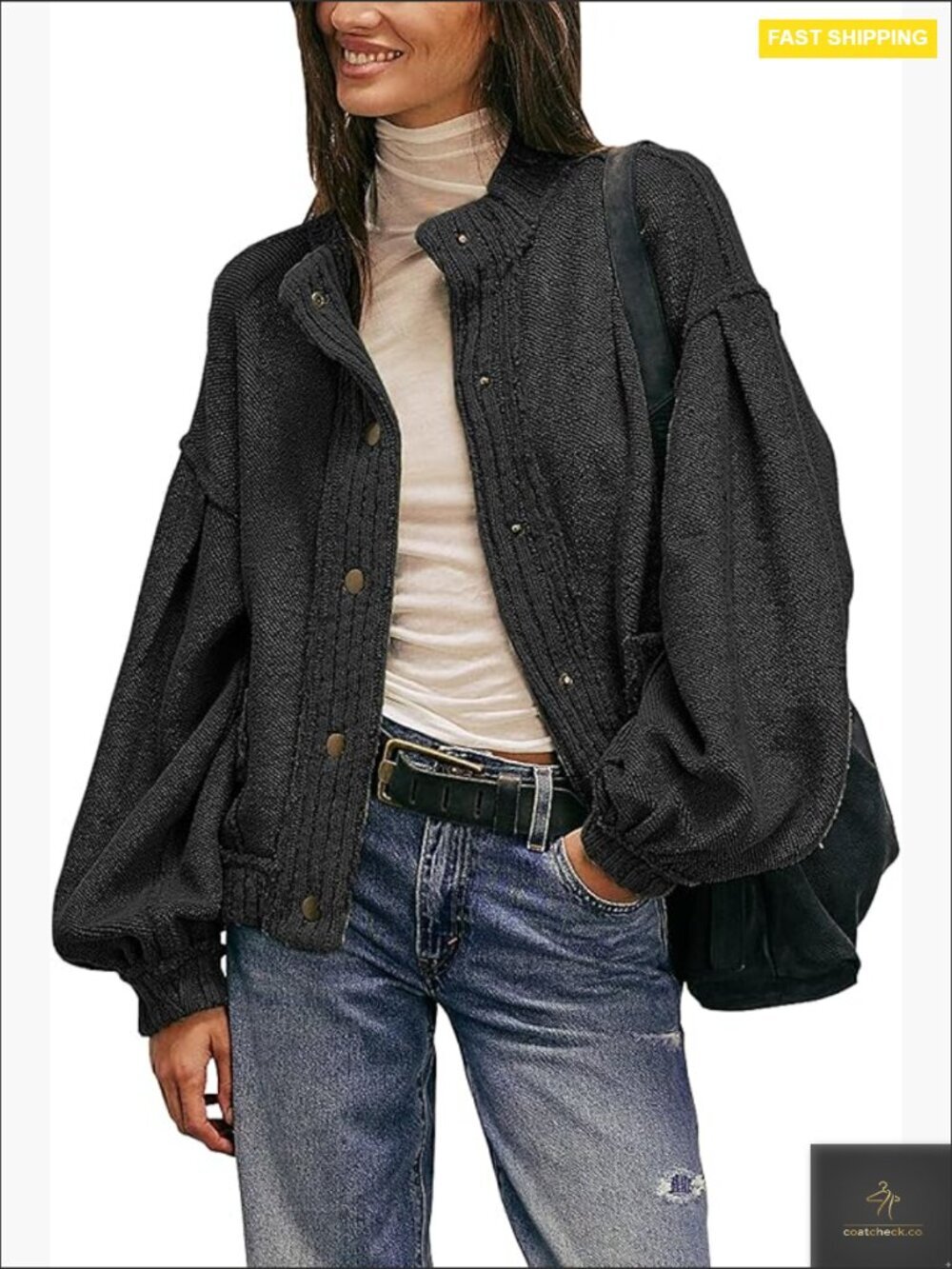 Oversized Cardigan Shacket Loose Fit Ribbed Knit Trim Casual Jacket with Pockets